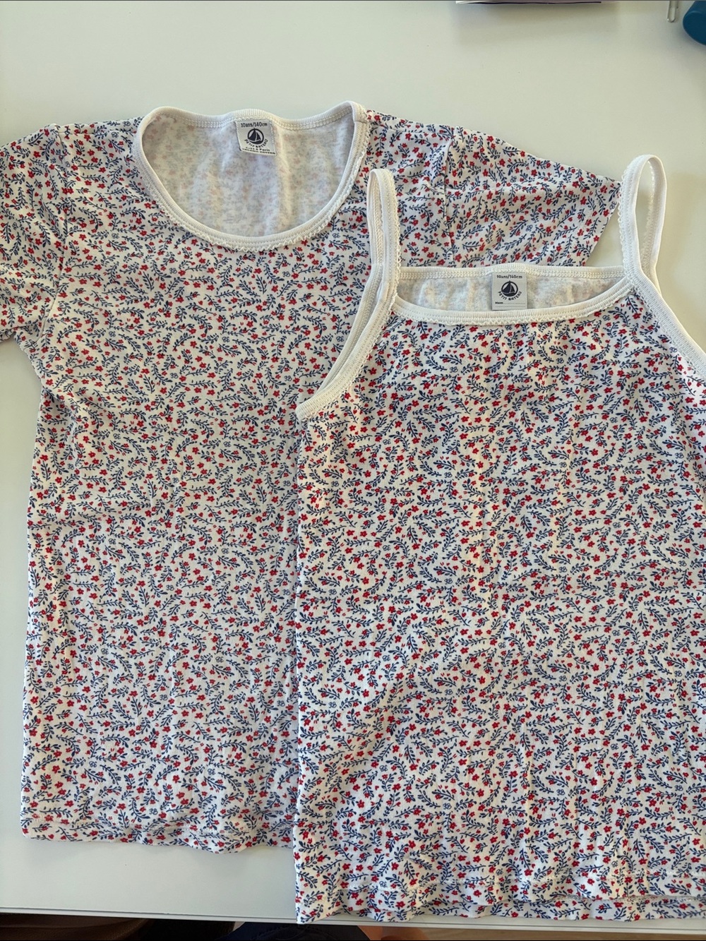 Petit Bateau White Tee & Tank Set with Red and Blue Floral Print